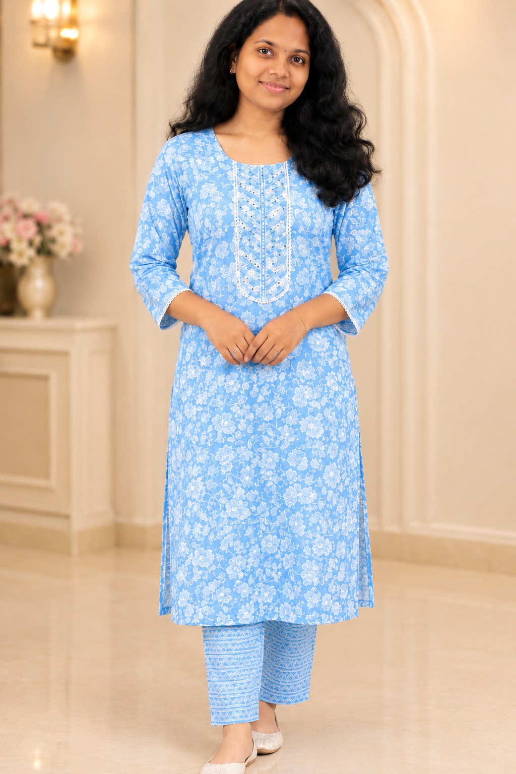 Women Cotton Kurthi Pyjama - Blue Color
