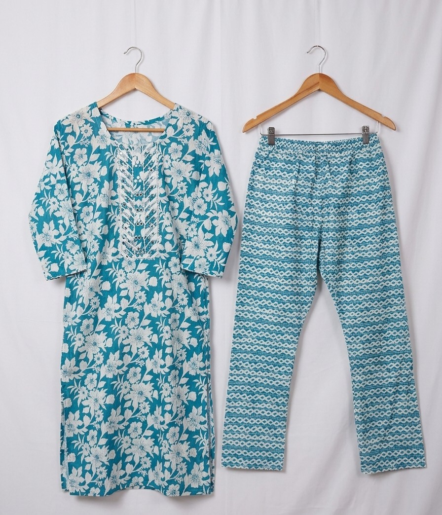 Women Cotton Kurthi Pyjama - Blue Color