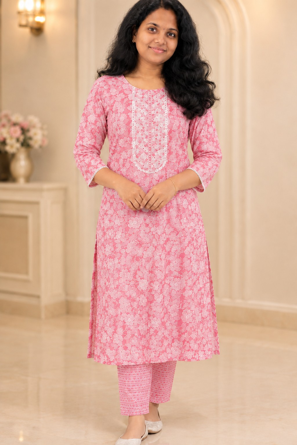 Women Cotton Kurthi Pyjama - Pink Color