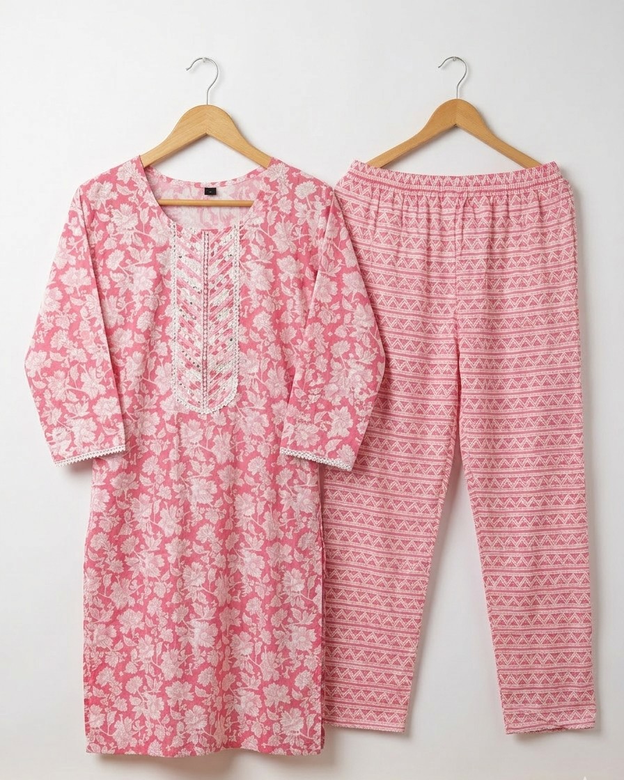 Women Cotton Kurthi Pyjama - Pink Color