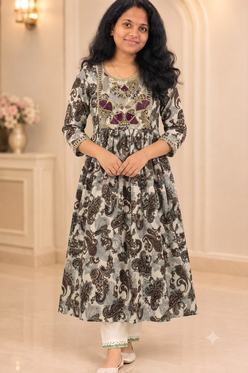 Anarkali - White color with Flower Design