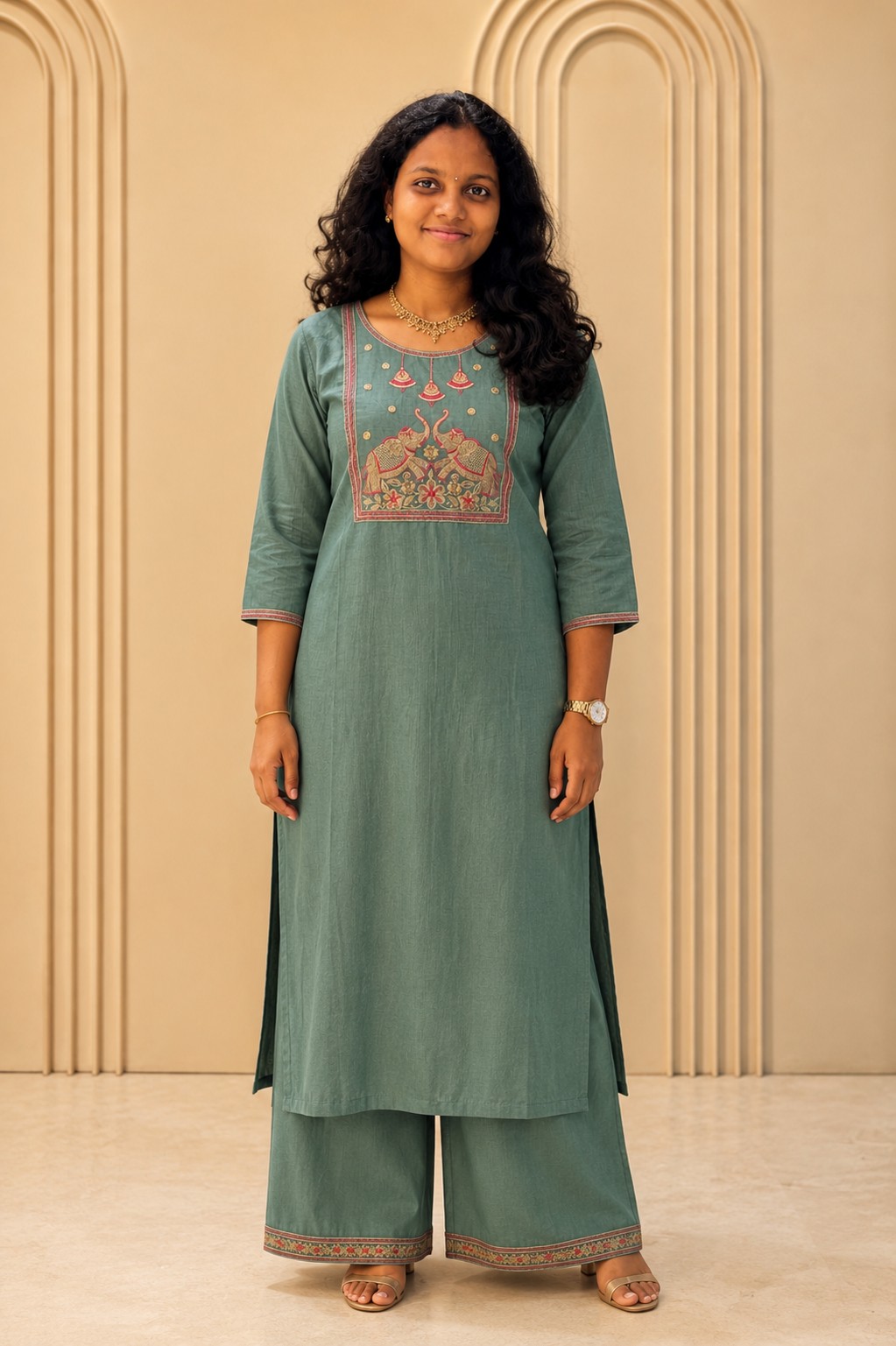 Premium vatican silk kurti fabric , straight cut - Green color 