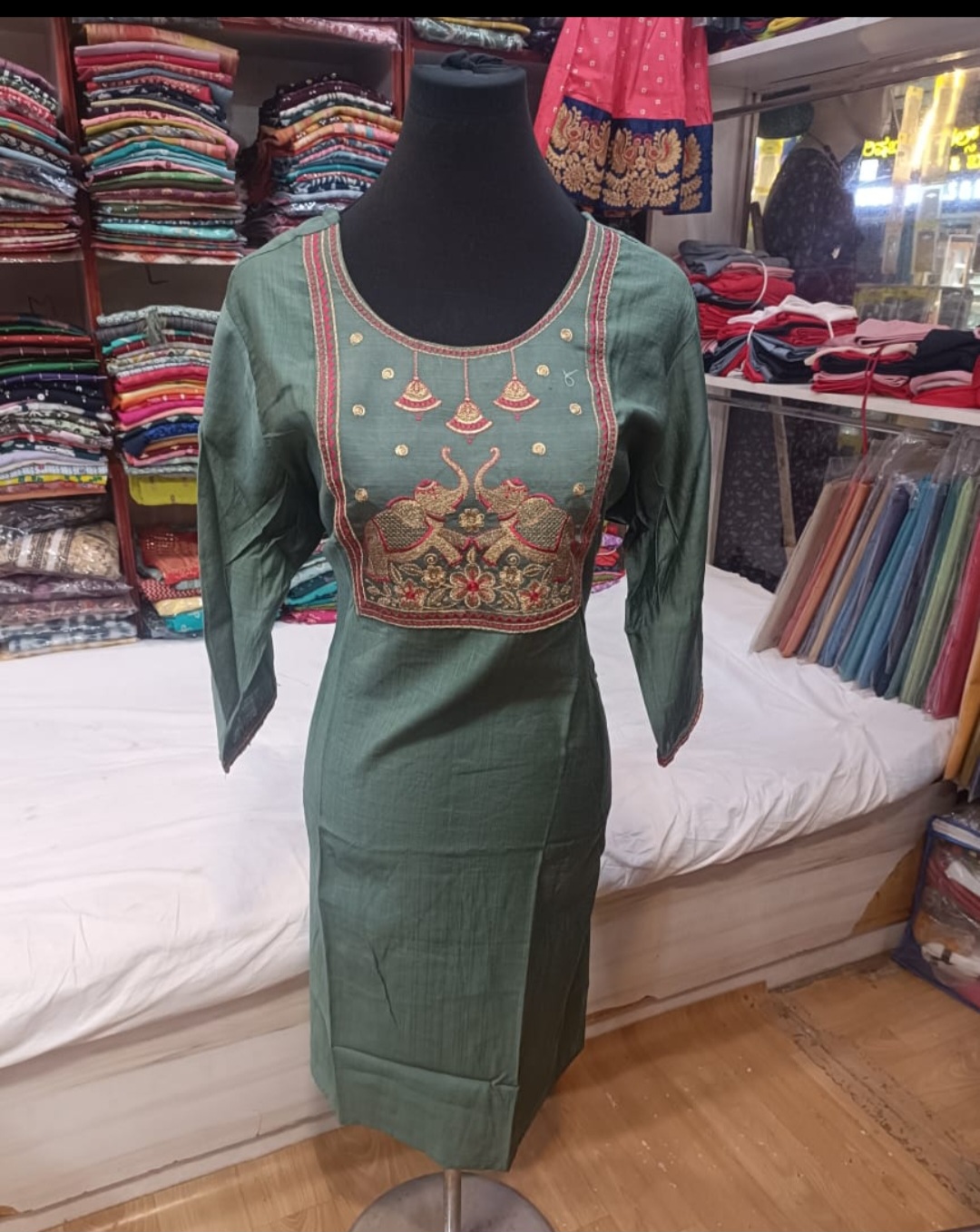 Premium vatican silk kurti fabric , straight cut - Green color 